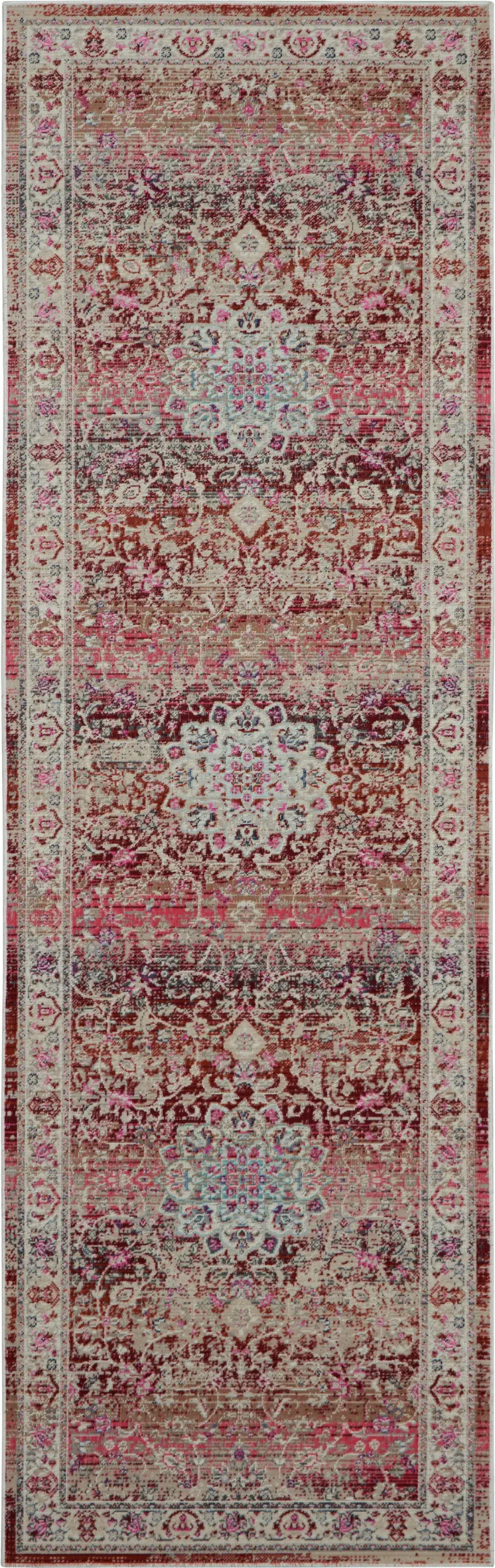 8' Ivory And Red Floral Distressed Runner Rug