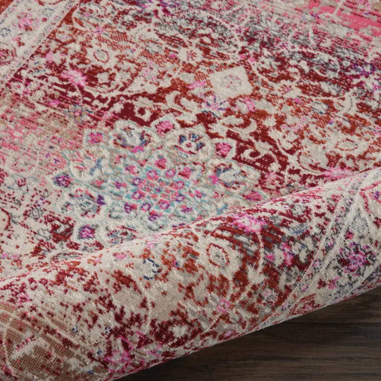 8' Ivory And Red Floral Distressed Runner Rug