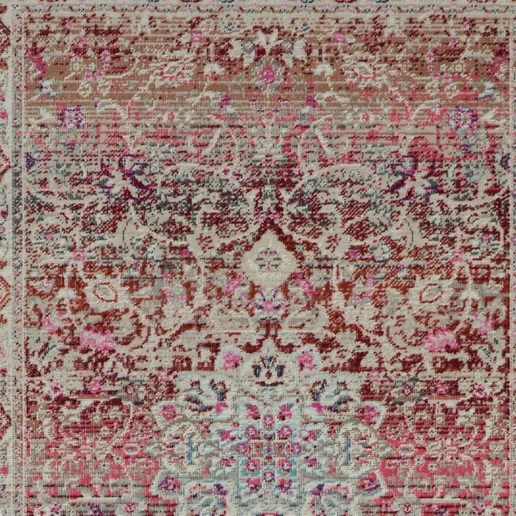 8' Ivory And Red Floral Distressed Runner Rug