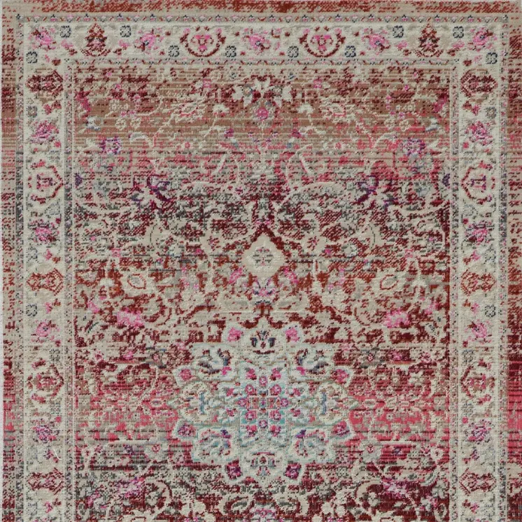 8' Ivory And Red Floral Distressed Runner Rug