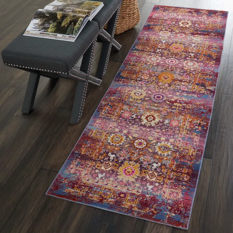 8' Blue Yellow And Red Floral Distressed Runner Rug