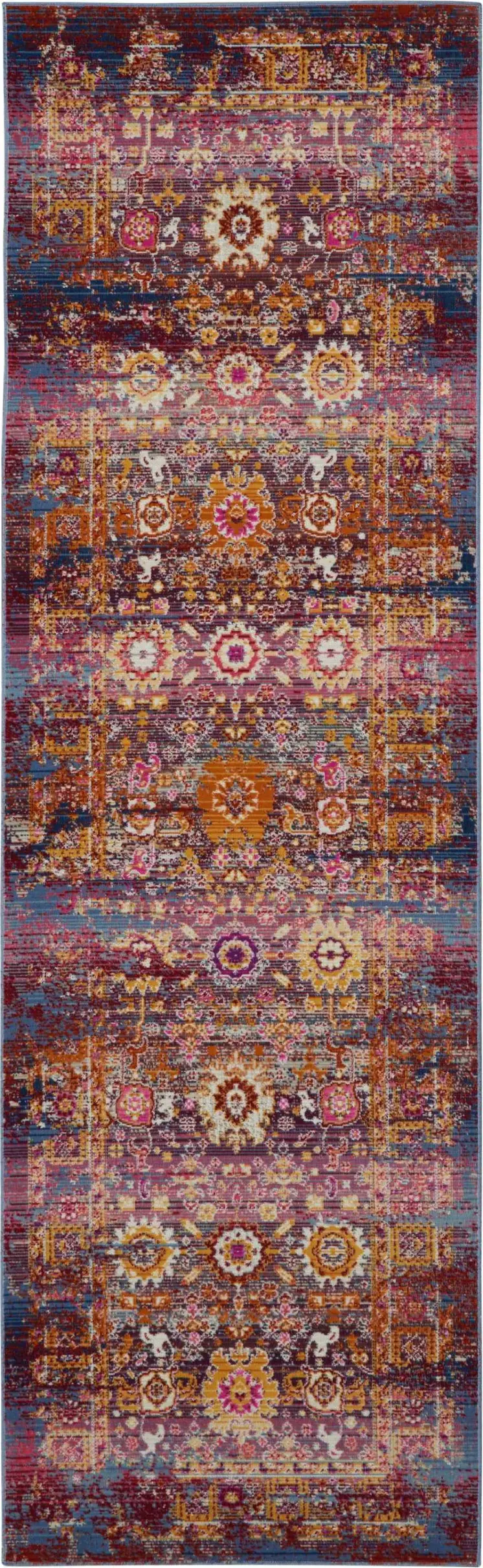 8' Blue Yellow And Red Floral Distressed Runner Rug