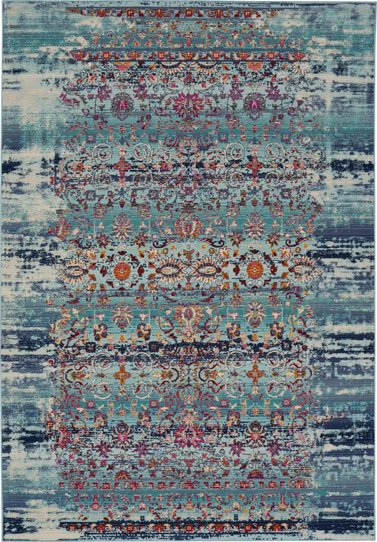 5' X 8' Blue Red And Orange Floral Distressed Area Rug