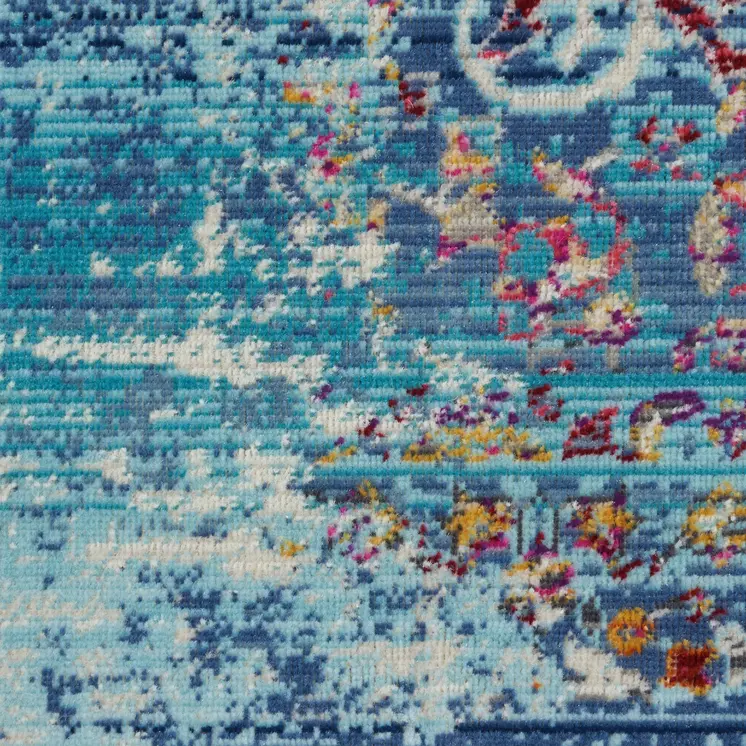 5' X 8' Blue Red And Orange Floral Distressed Area Rug