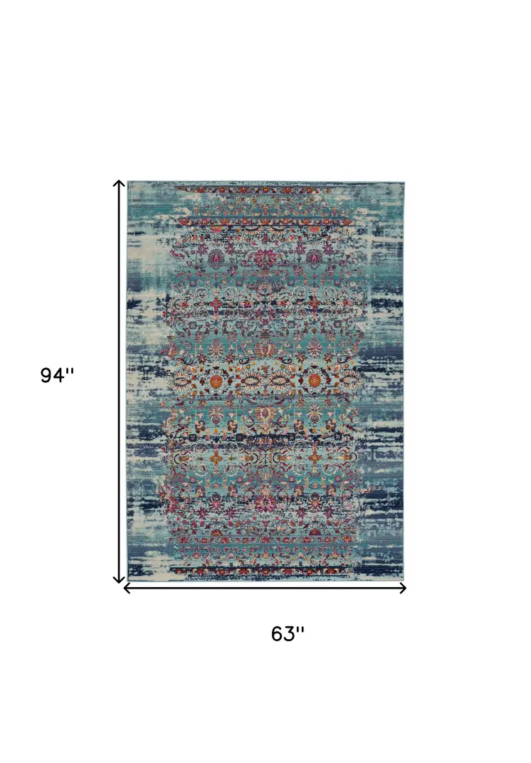 5' X 8' Blue Red And Orange Floral Distressed Area Rug