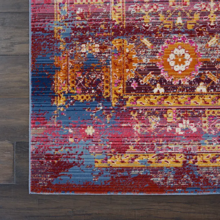 5' X 8' Blue Yellow And Red Floral Distressed Non Skid Area Rug