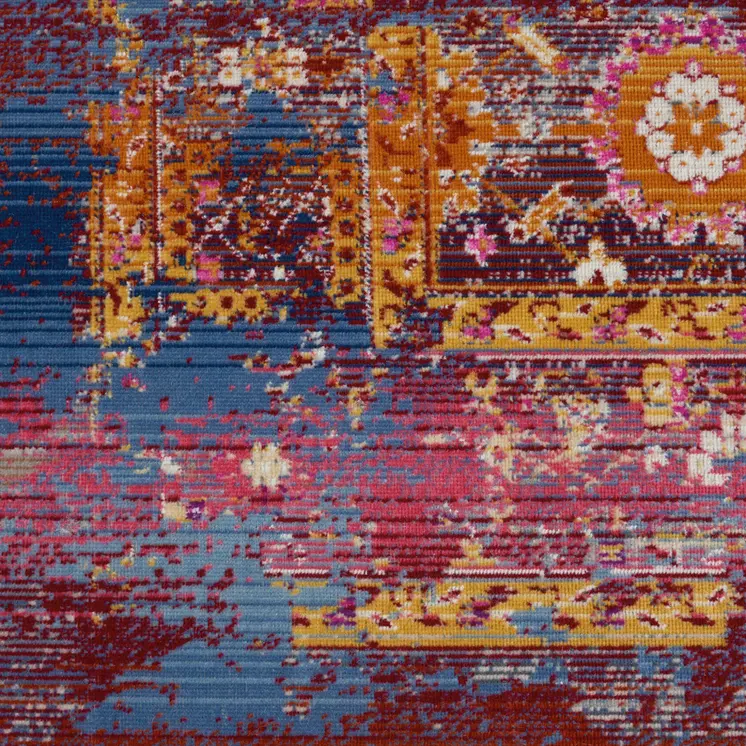 5' X 8' Blue Yellow And Red Floral Distressed Non Skid Area Rug