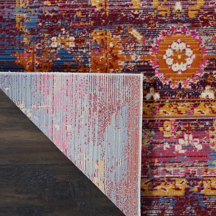 5' X 8' Blue Yellow And Red Floral Distressed Non Skid Area Rug