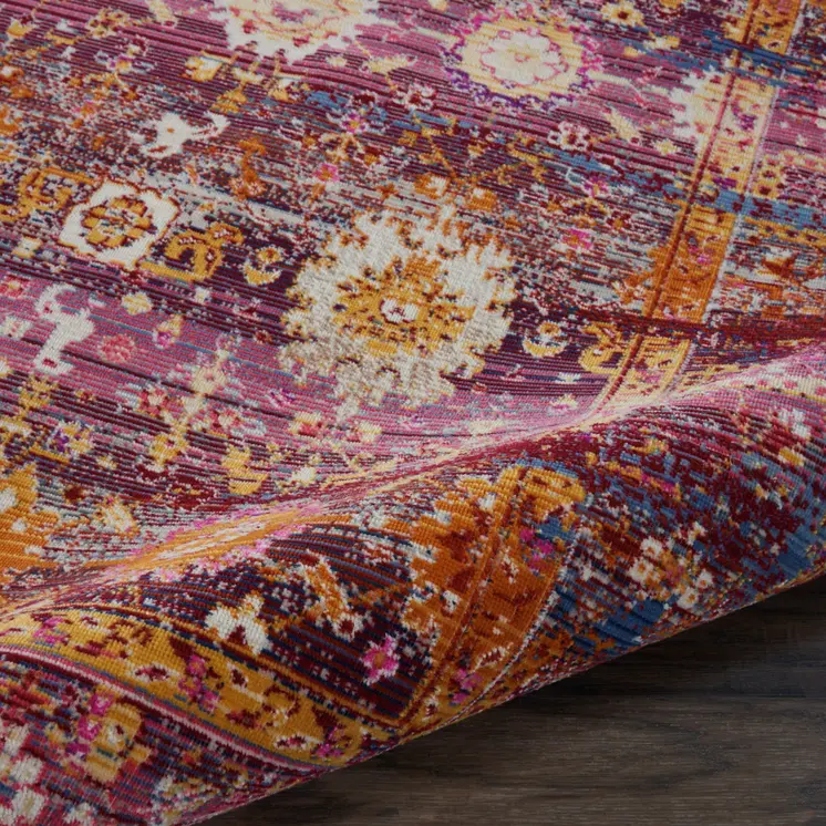 5' X 8' Blue Yellow And Red Floral Distressed Non Skid Area Rug