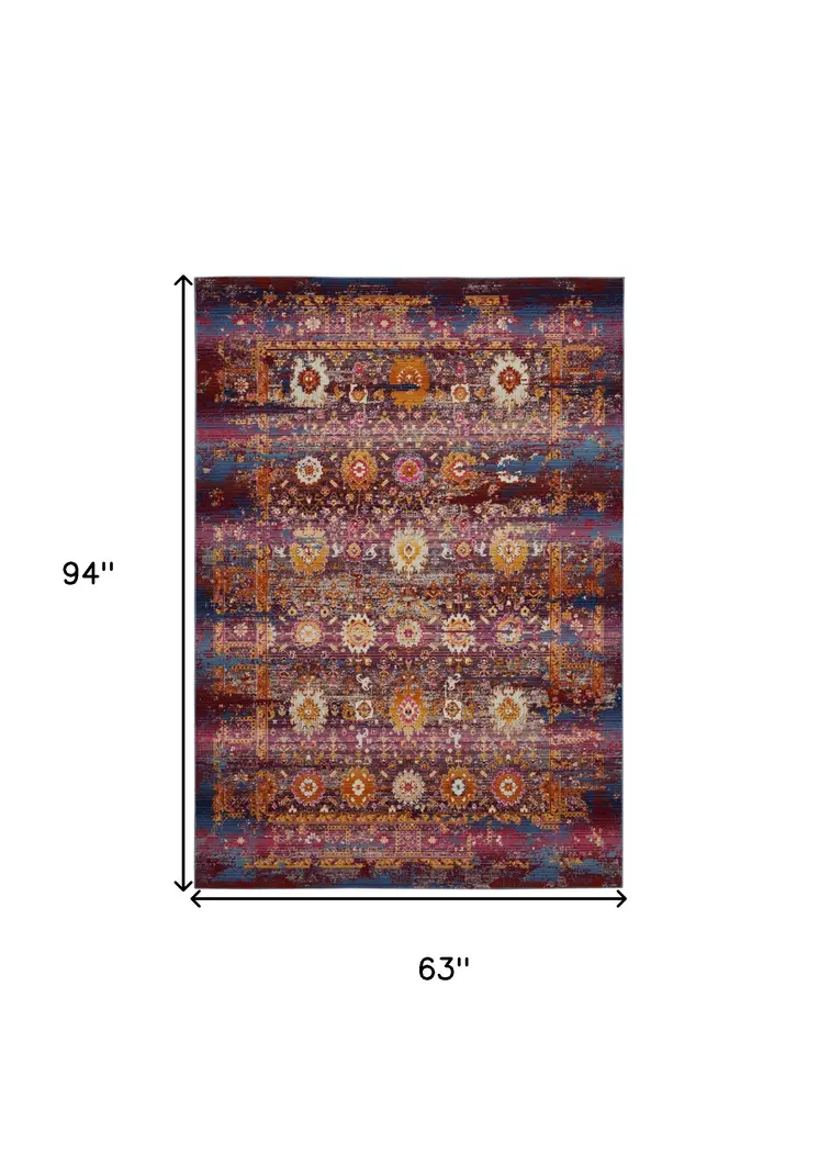 5' X 8' Blue Yellow And Red Floral Distressed Non Skid Area Rug