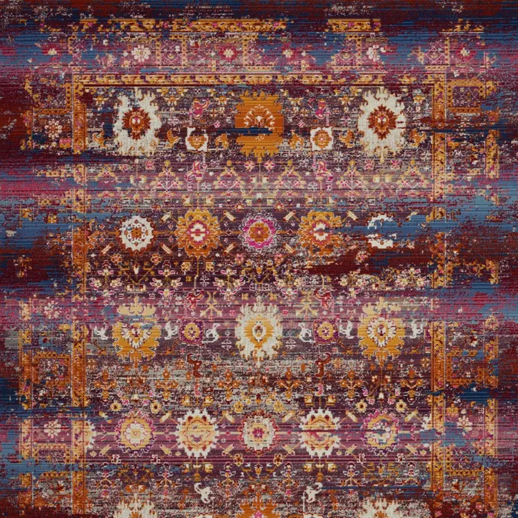 5' X 8' Blue Yellow And Red Floral Distressed Non Skid Area Rug