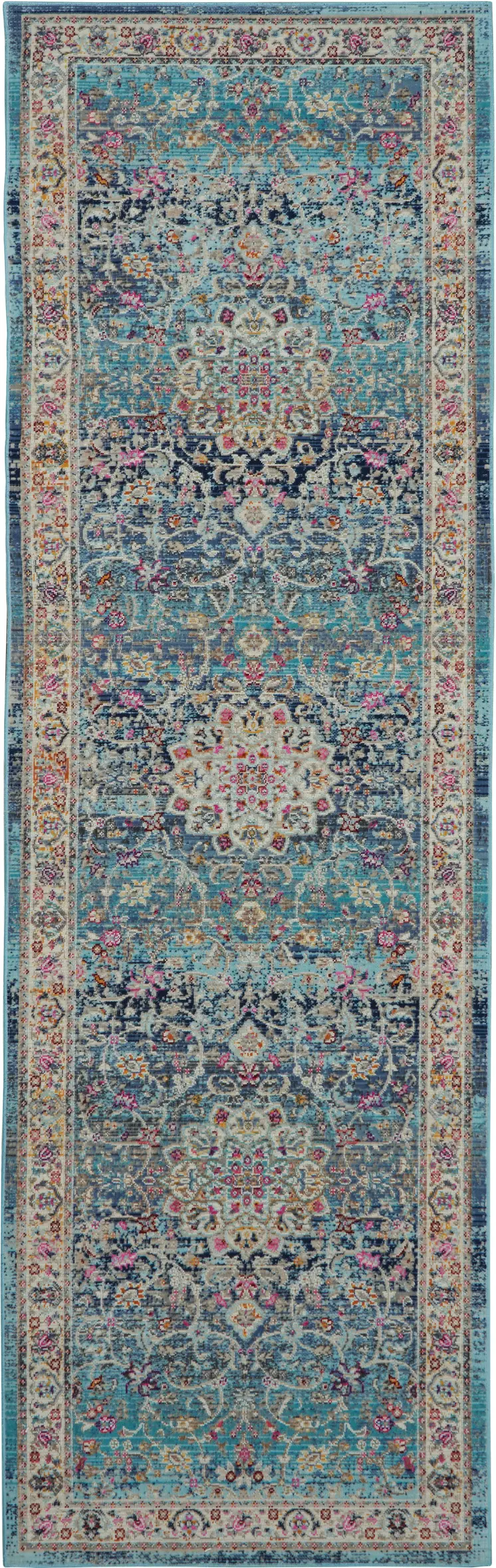 6' Blue and Beige Floral Distressed Runner Rug