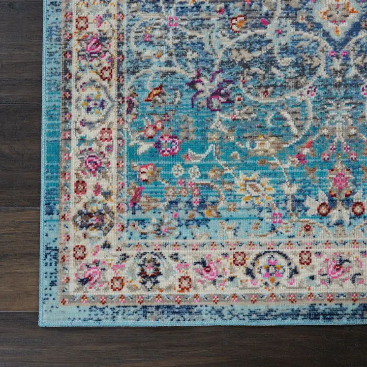 6' Blue and Beige Floral Distressed Runner Rug