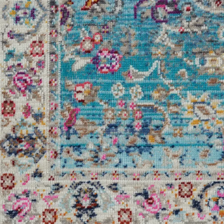 6' Blue and Beige Floral Distressed Runner Rug