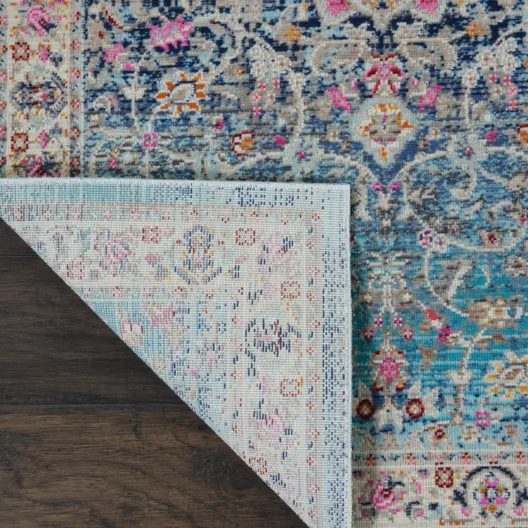 6' Blue and Beige Floral Distressed Runner Rug