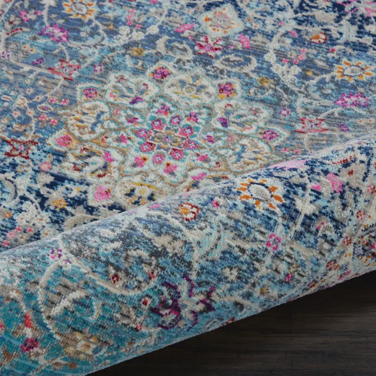 6' Blue and Beige Floral Distressed Runner Rug