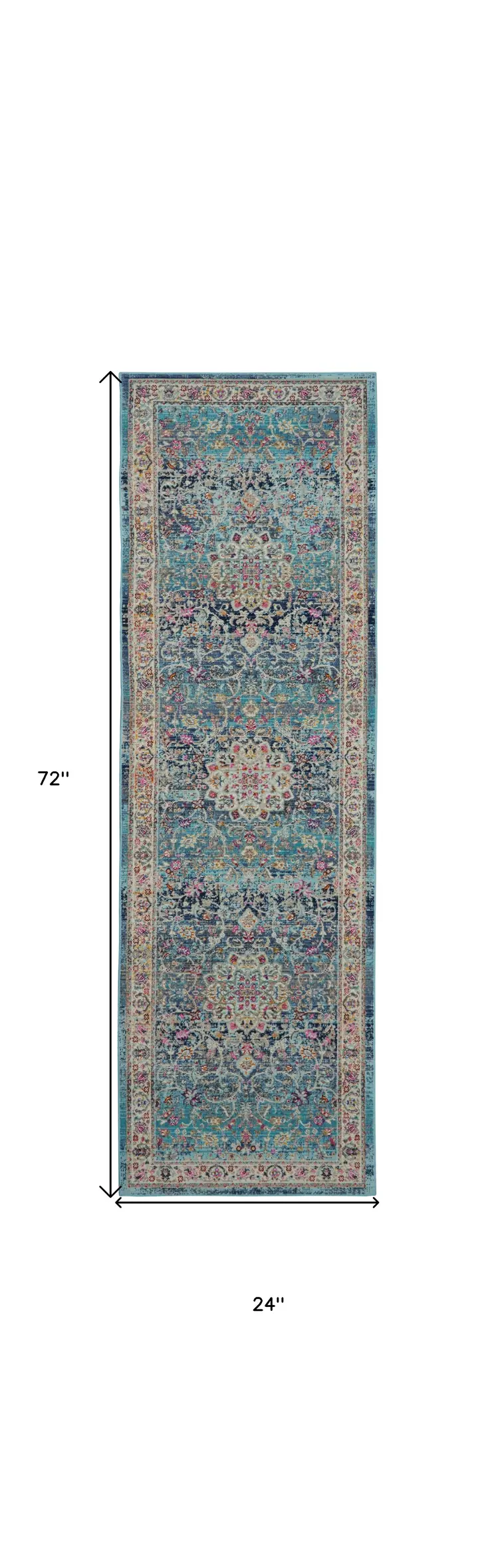 6' Blue and Beige Floral Distressed Runner Rug