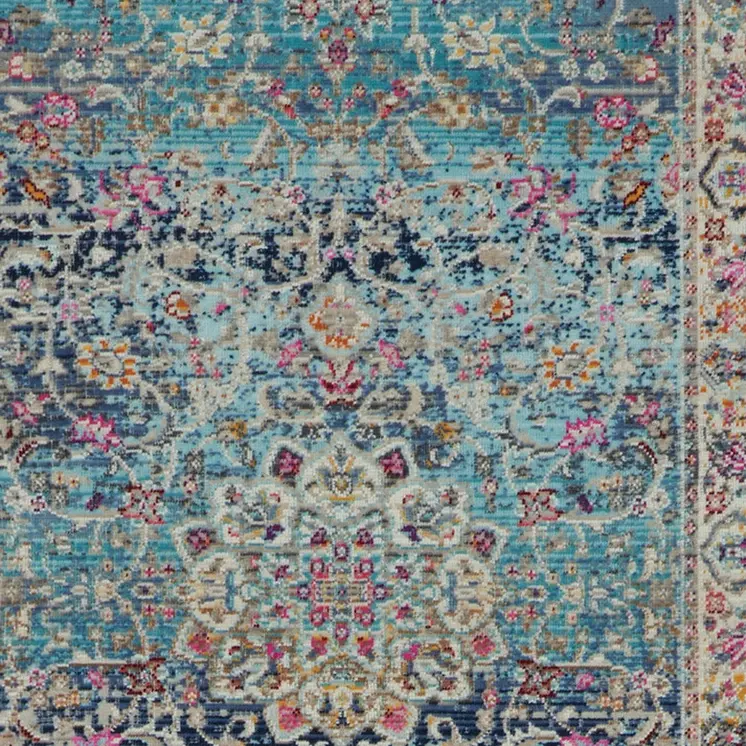 6' Blue and Beige Floral Distressed Runner Rug