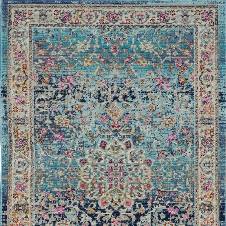 6' Blue and Beige Floral Distressed Runner Rug