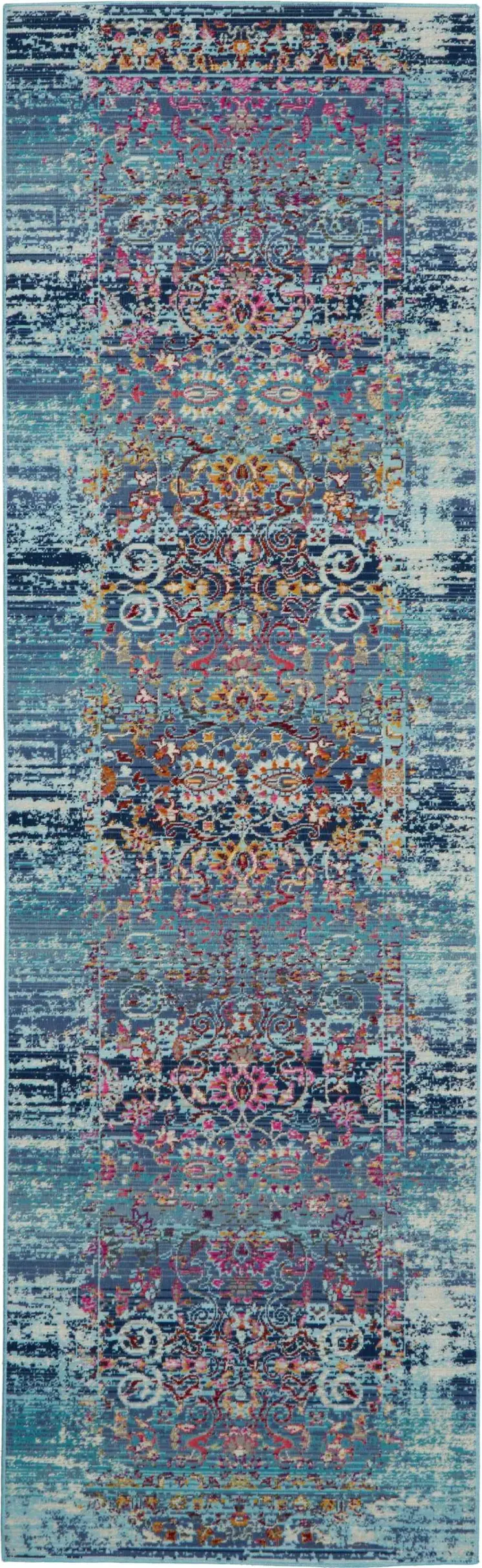6' Blue Red And Orange Floral Distressed Runner Rug