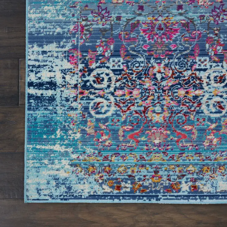 6' Blue Red And Orange Floral Distressed Runner Rug