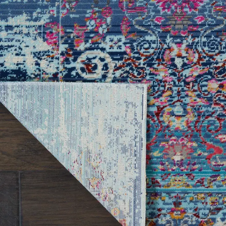 6' Blue Red And Orange Floral Distressed Runner Rug