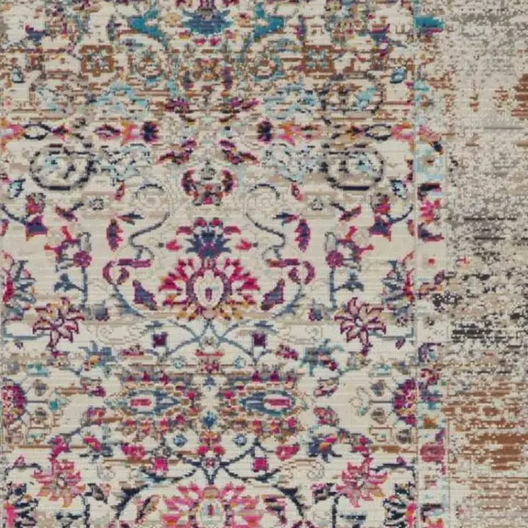 6' Blue Red And Orange Floral Distressed Runner Rug