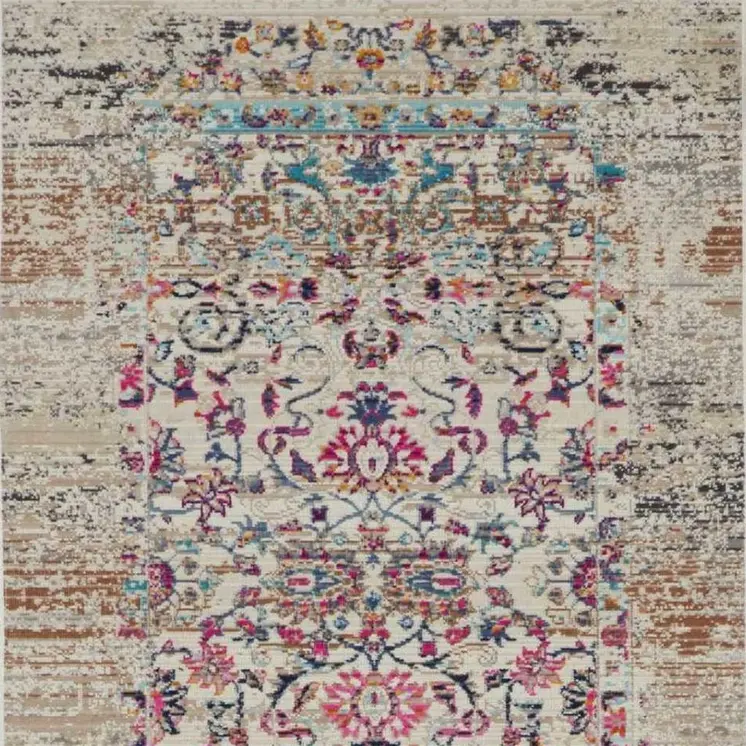 6' Blue Red And Orange Floral Distressed Runner Rug