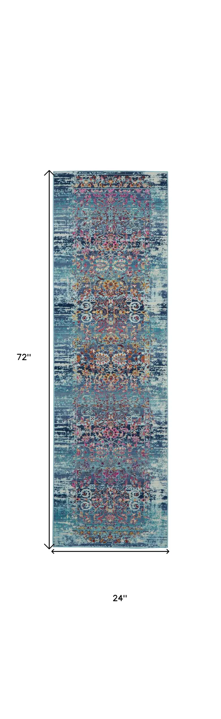 6' Blue Red And Orange Floral Distressed Runner Rug