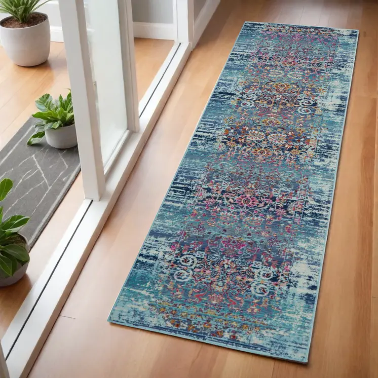 6' Blue Red And Orange Floral Distressed Runner Rug