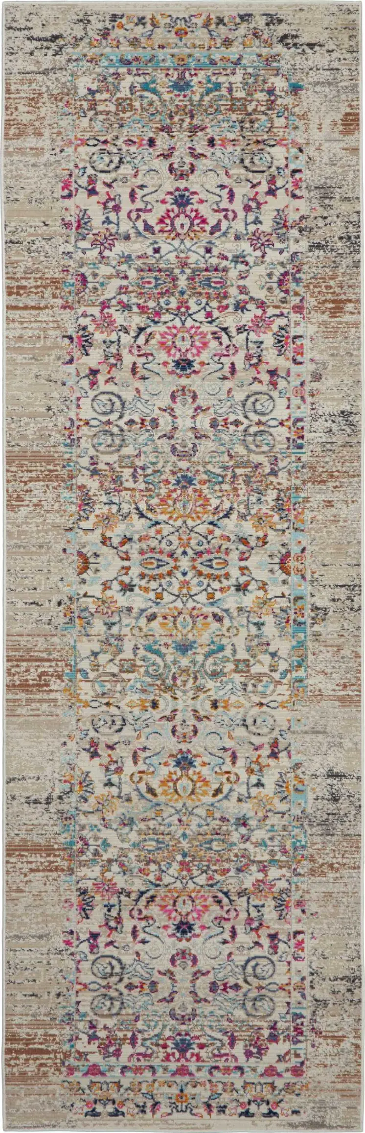 6' Ivory And Brown Floral Distressed Runner Rug