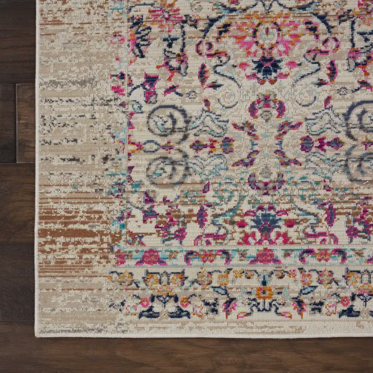 6' Ivory And Brown Floral Distressed Runner Rug