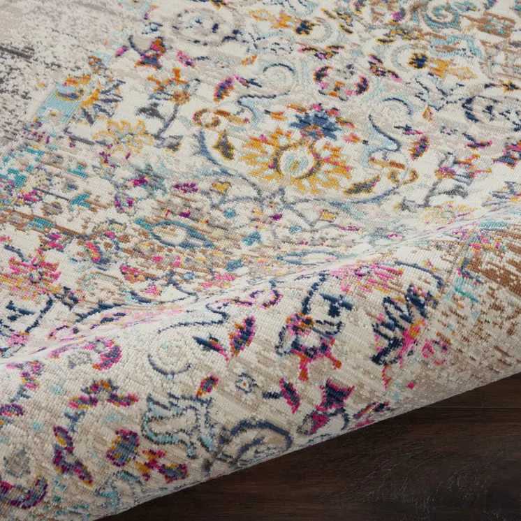 6' Ivory And Brown Floral Distressed Runner Rug