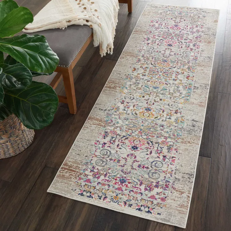 6' Ivory And Brown Floral Distressed Runner Rug