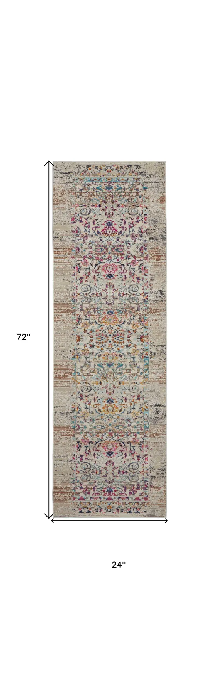 6' Ivory And Brown Floral Distressed Runner Rug