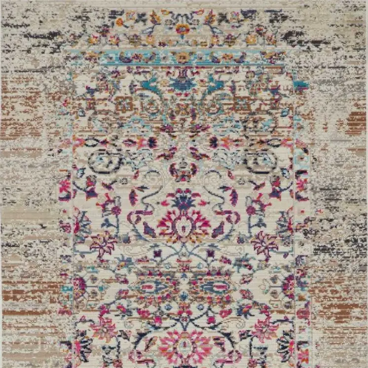 6' Ivory And Brown Floral Distressed Runner Rug