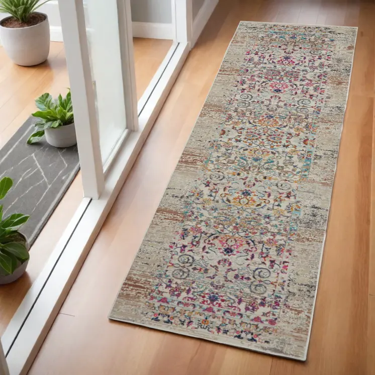 6' Ivory And Brown Floral Distressed Runner Rug