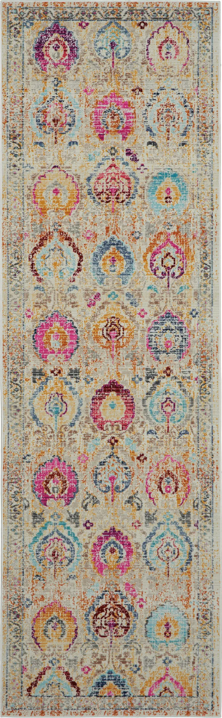 6' Ivory Pink And Orange Floral Distressed Runner Rug