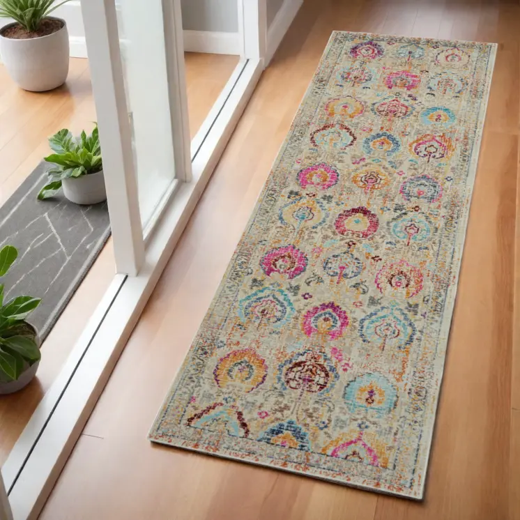 6' Ivory Pink And Orange Floral Distressed Runner Rug