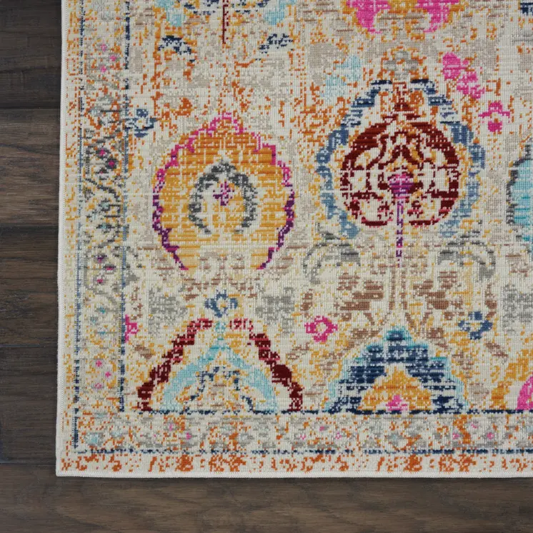 6' Ivory Pink And Orange Floral Distressed Runner Rug