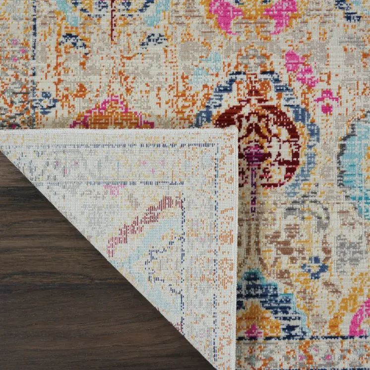 6' Ivory Pink And Orange Floral Distressed Runner Rug