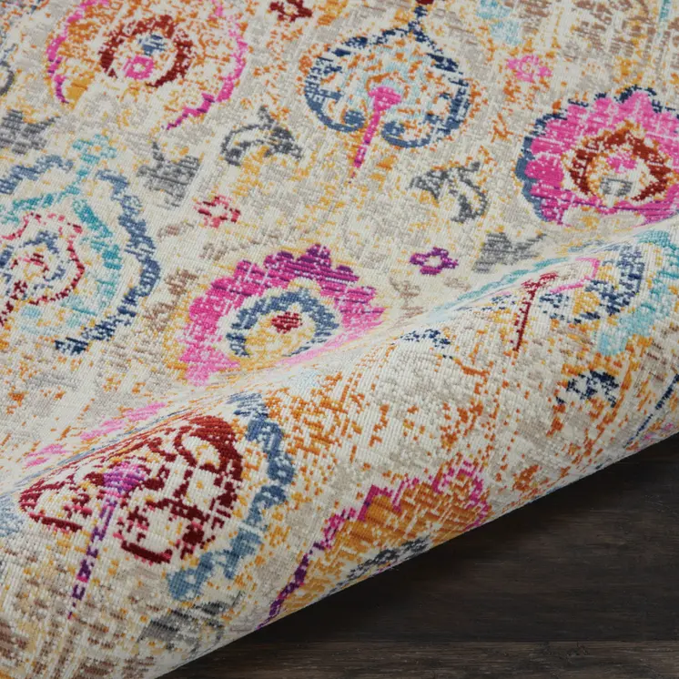6' Ivory Pink And Orange Floral Distressed Runner Rug