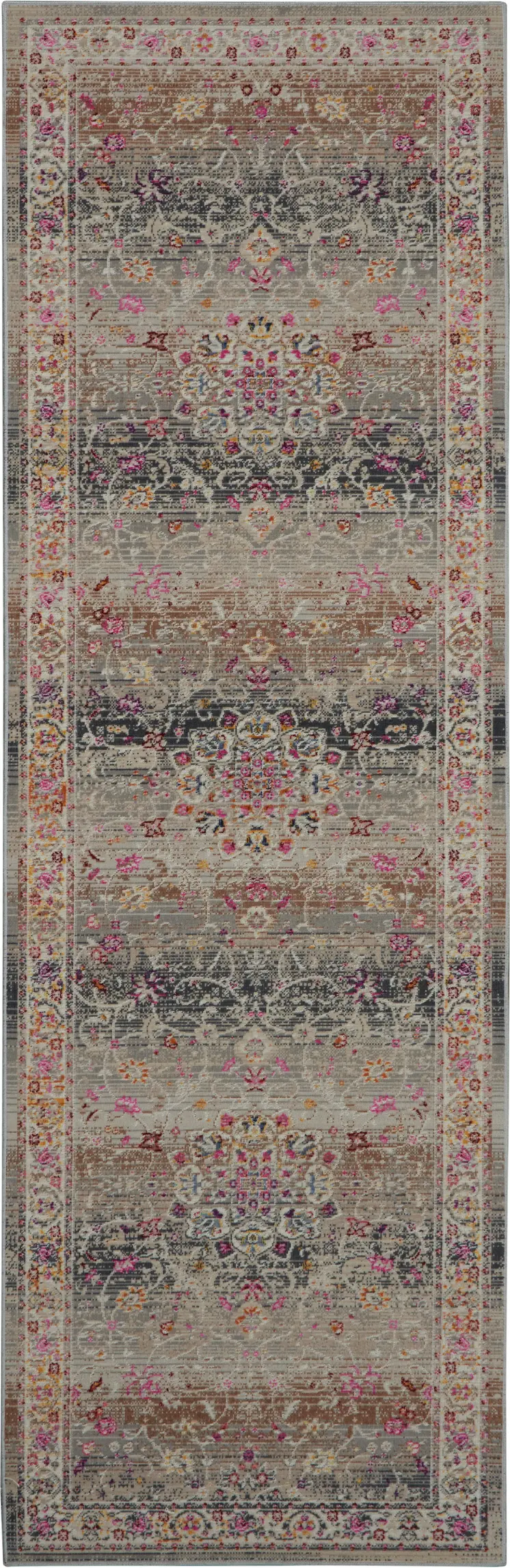 6' Ivory Brown And Gray Floral Distressed Runner Rug