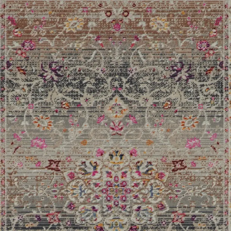 6' Ivory Brown And Gray Floral Distressed Runner Rug