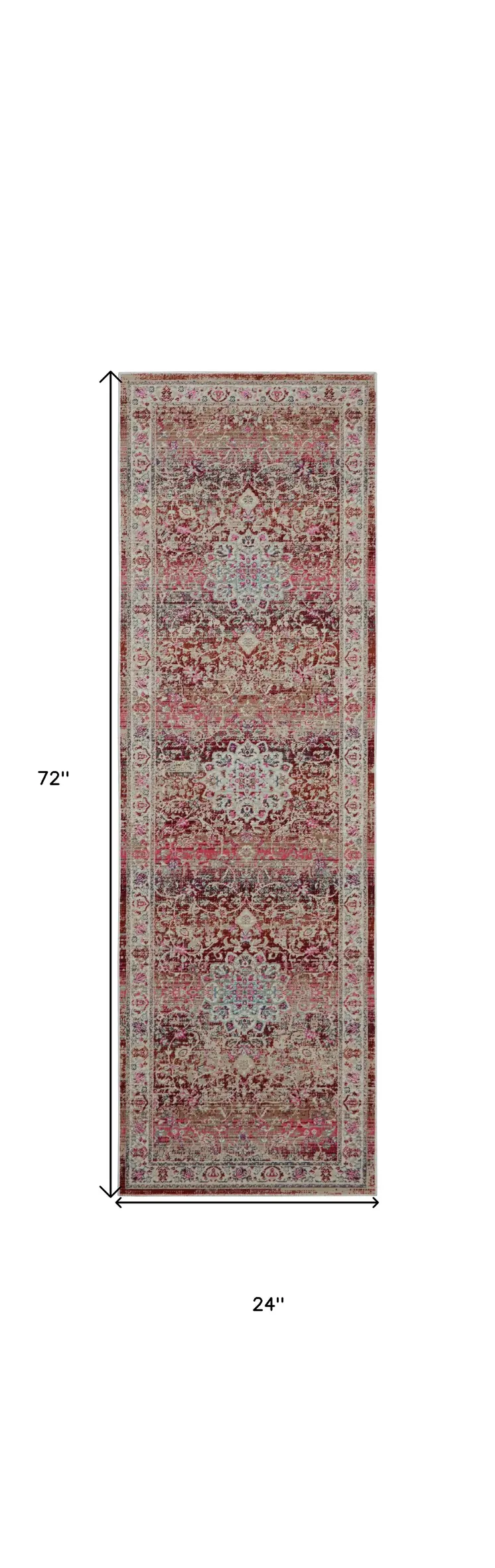 6' Ivory And Red Floral Distressed Runner Rug