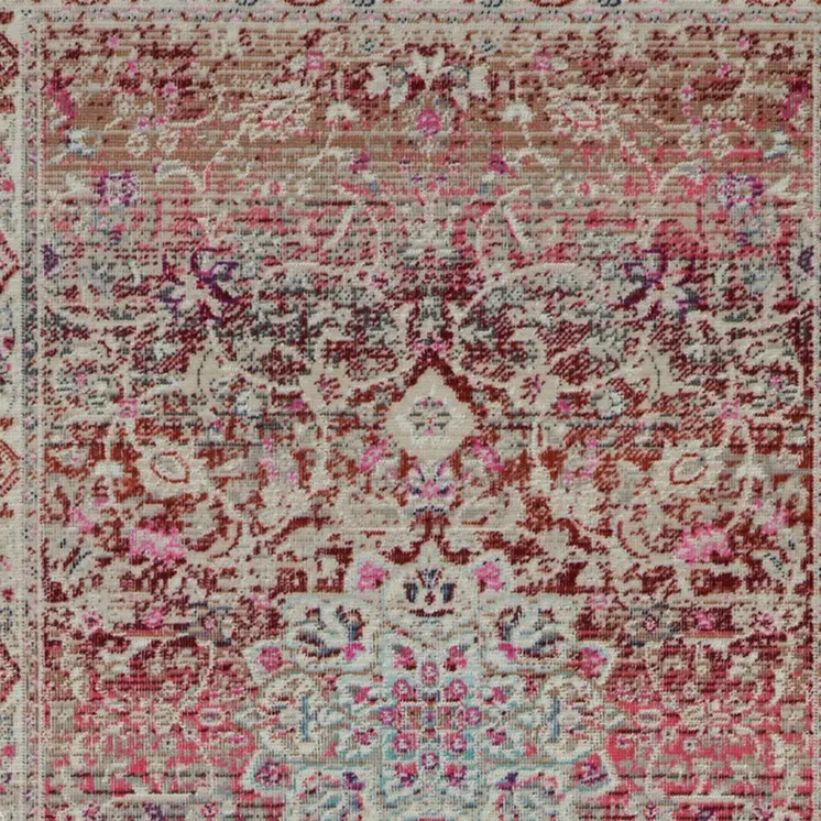 6' Ivory And Red Floral Distressed Runner Rug