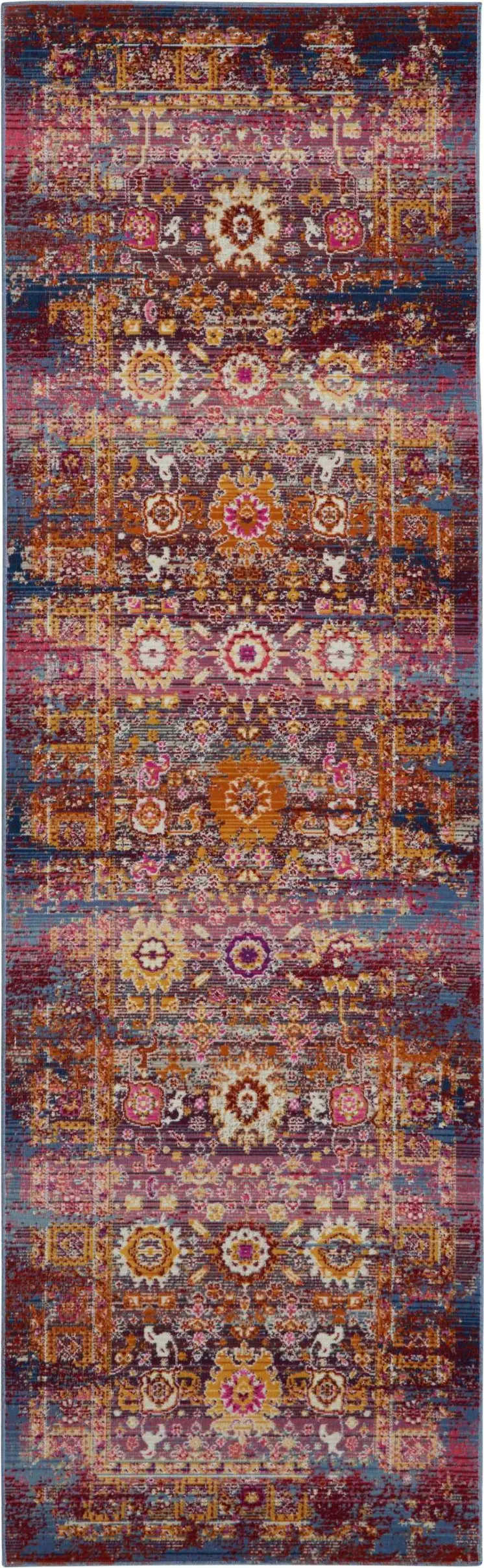 6' Blue Yellow And Red Floral Distressed Runner Rug