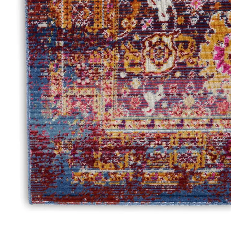 6' Blue Yellow And Red Floral Distressed Runner Rug