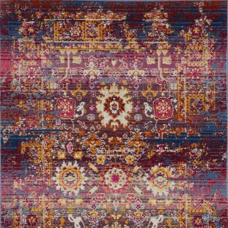 6' Blue Yellow And Red Floral Distressed Runner Rug