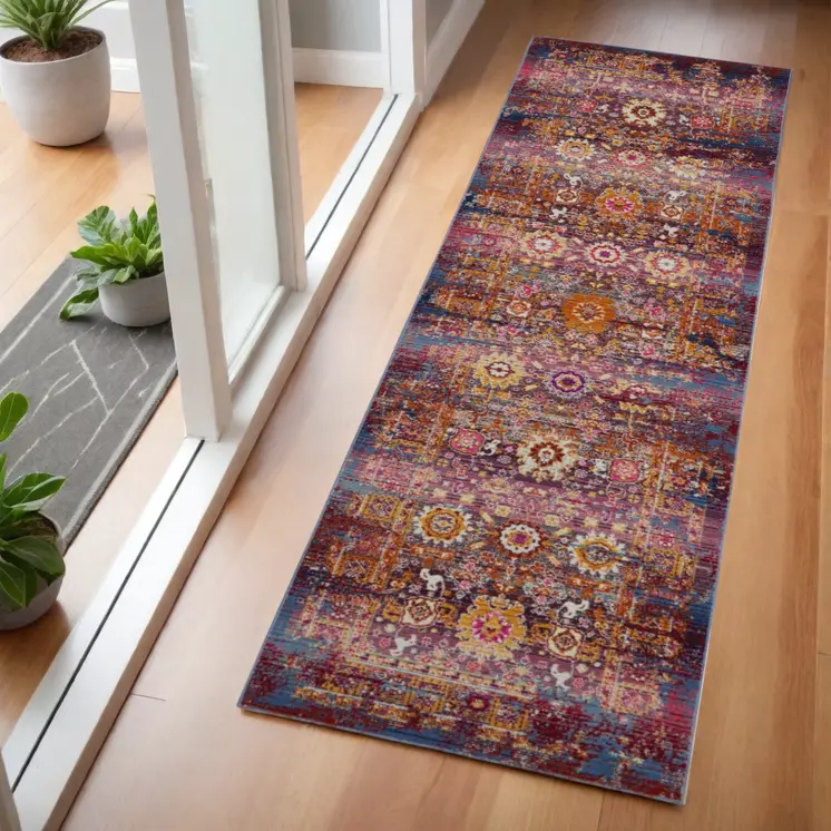6' Blue Yellow And Red Floral Distressed Runner Rug
